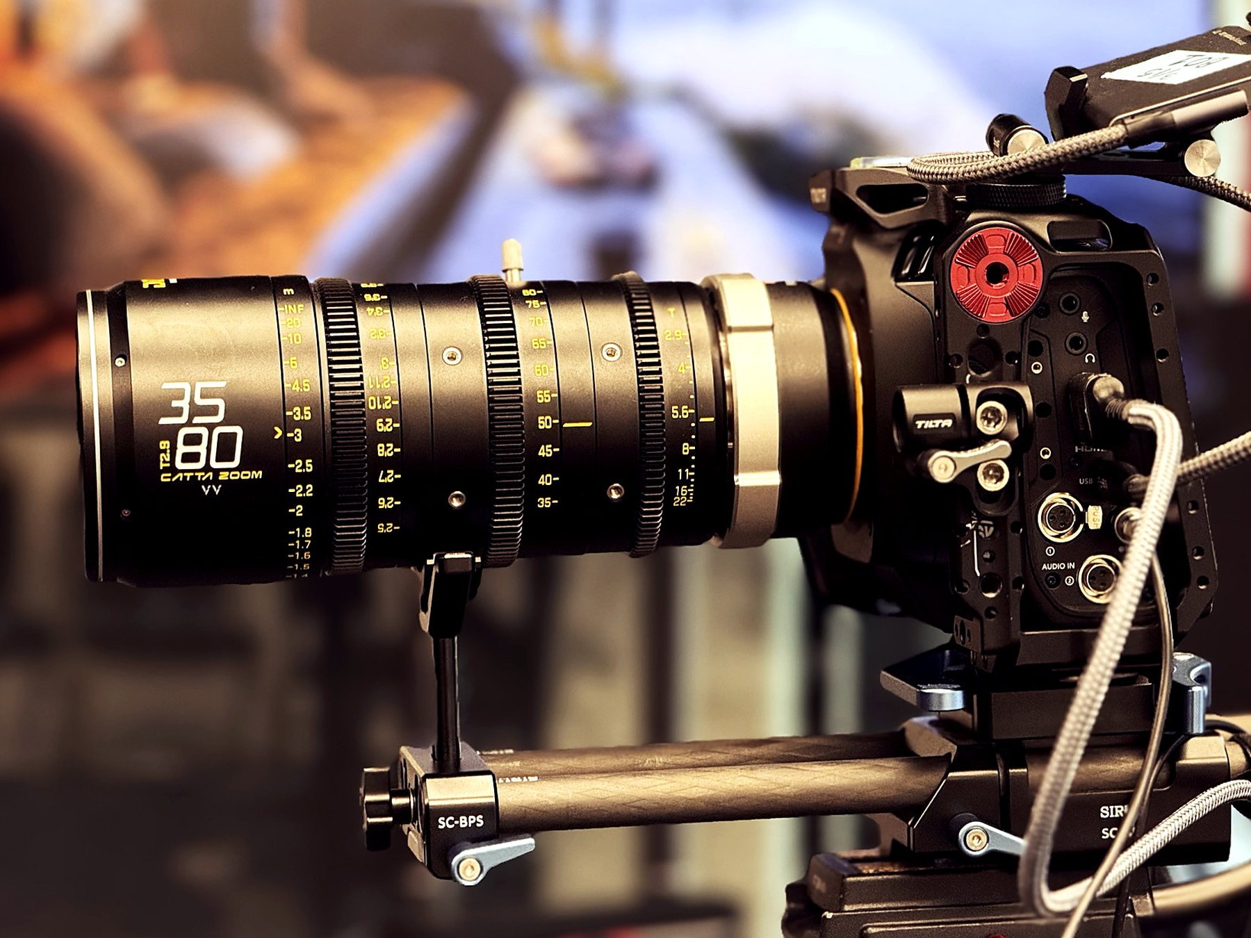 Our cinema camera rig with a cine zoom lens, shown in close detail